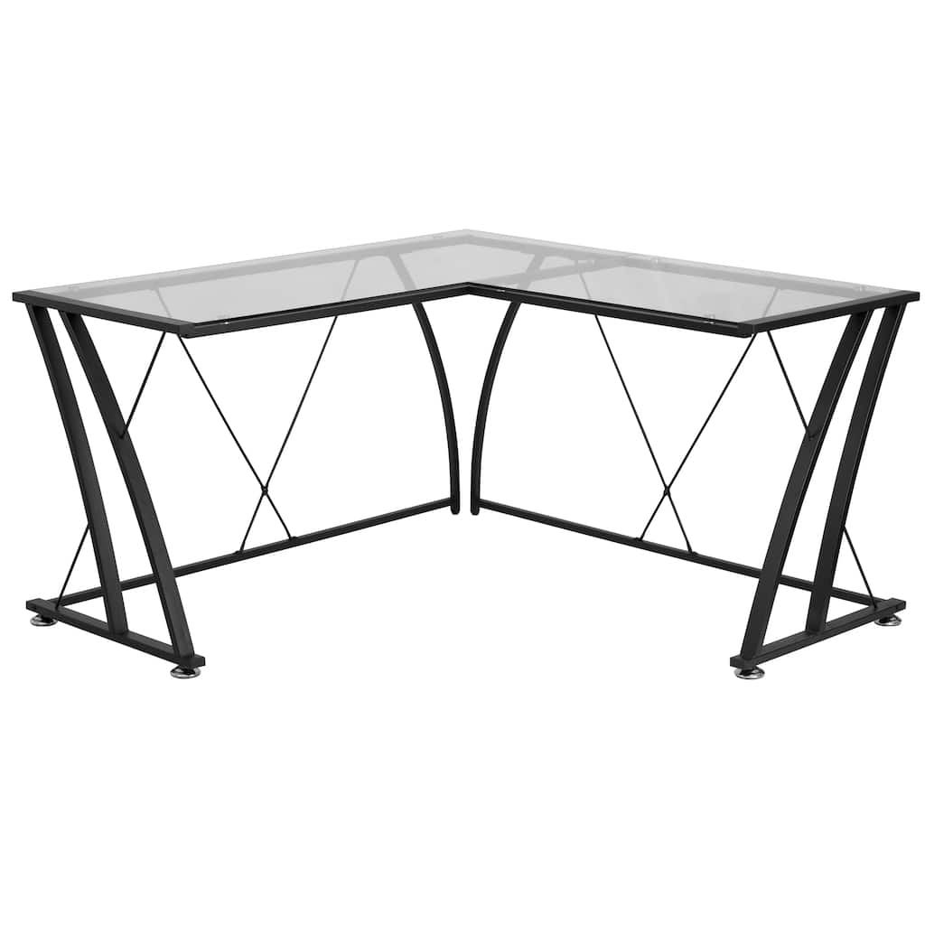 L-shaped Computer Desk with Tempered Glass Top and Metal Frame