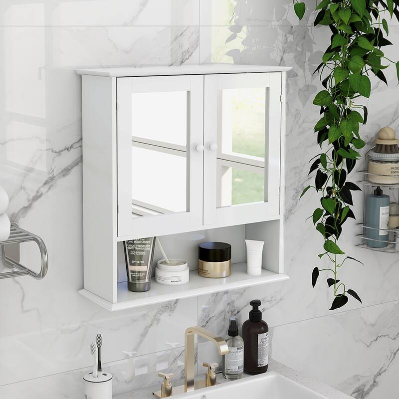 Anmytek White Wall Mounted Bathroom Mirror Cabinet with Open Shelf Bath Storage Over Toilet Organizer