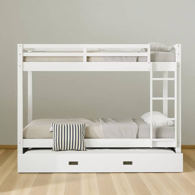 Wood Queen Bunk Bed Frame with Ladder and Trundle, Slatted Support, Safe Railings, Easy Assembly Included
