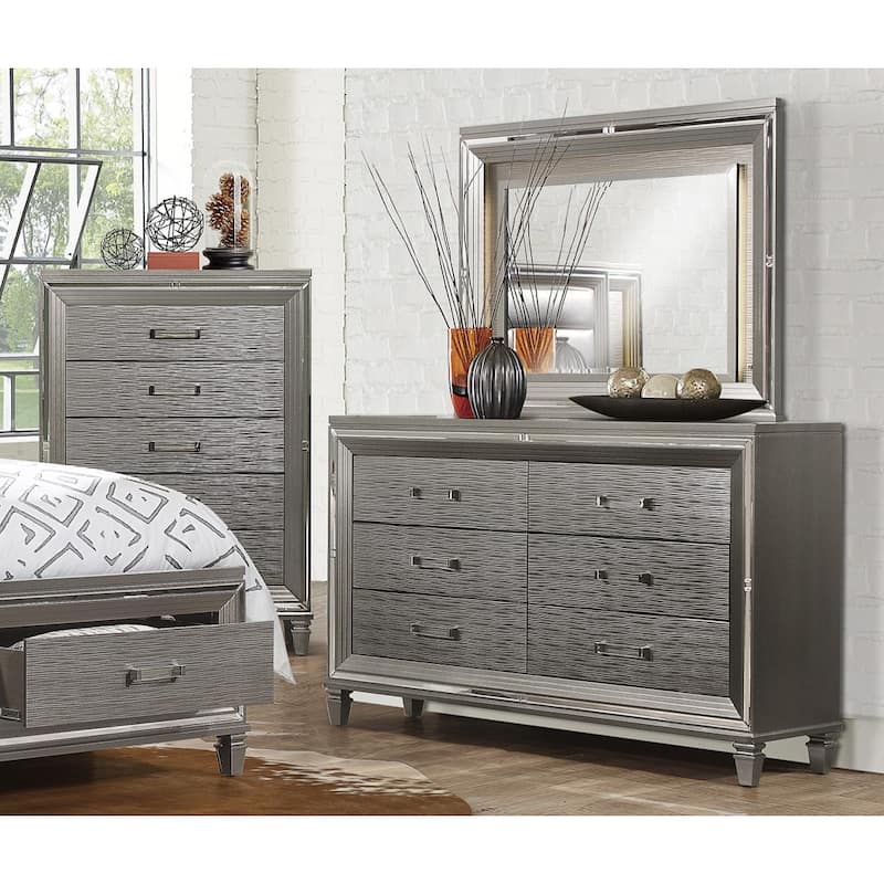 Silver Gray Finish Bedroom Furniture Sets Platform LED Bed with Storage