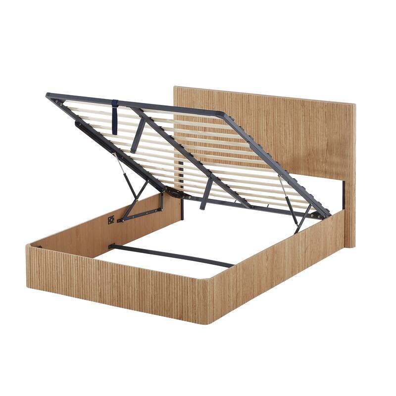 Queen-Sized Hydraulic Lift-Up Storage Bed Frame With Wooden Corrugated Curved Lines, No Box Spring Required‌