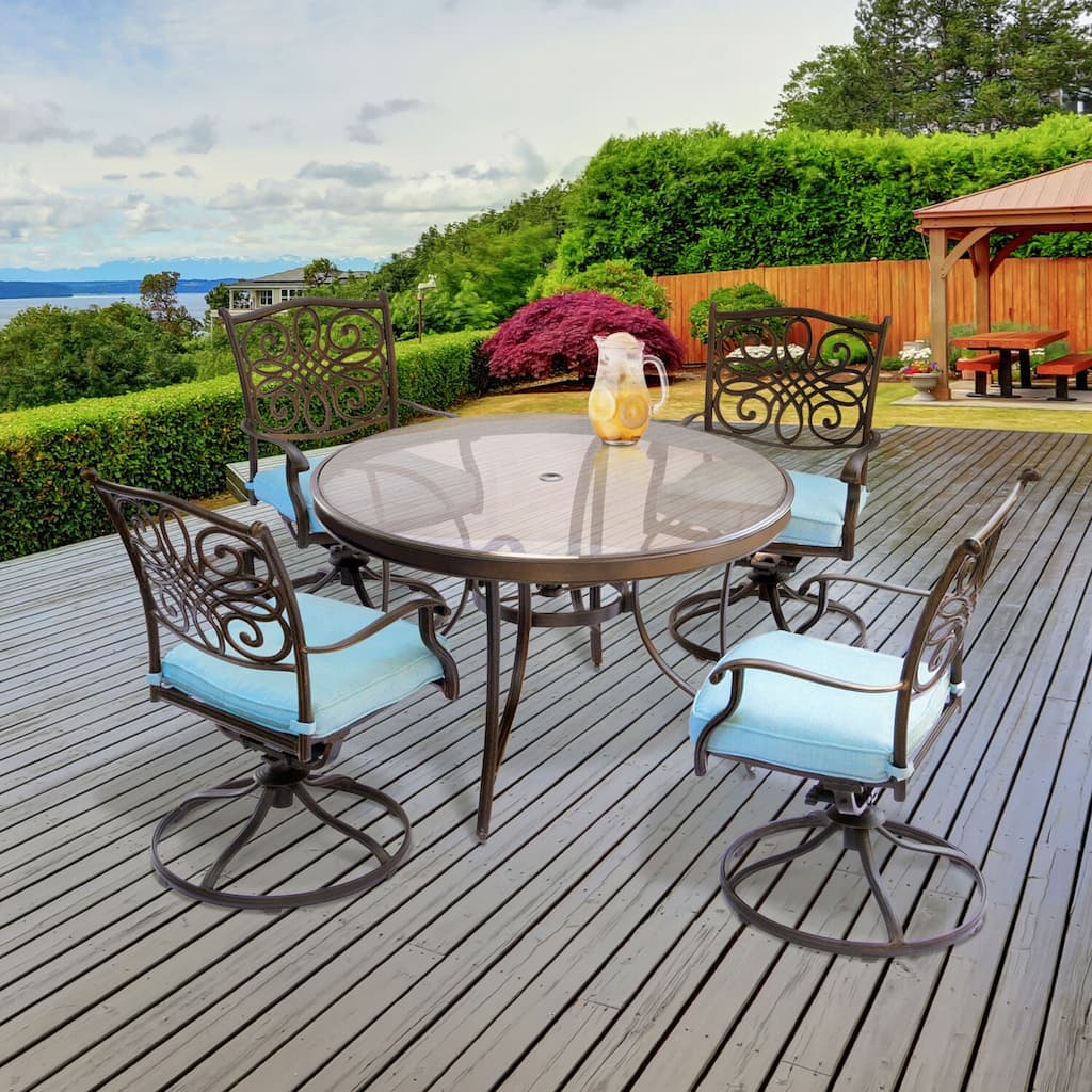 Hanover Traditions 5-Piece Dining Set in Blue with 47 In. Glass-top Table