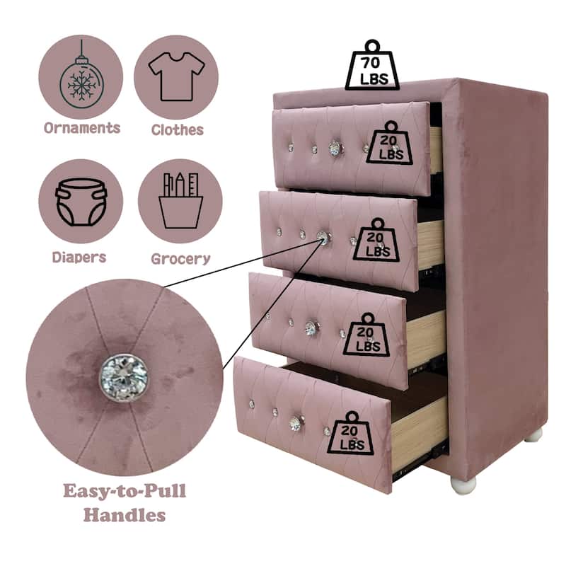 4-Drawer Upholstered Vertical Chest with Diamond Tufted Drawers for Bedroom, Living Room