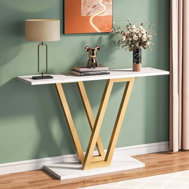 43"Modern Gold Console Table with Faux Marble Top, Narrow Entryway Table with V-Leg Metal Frame, Slim Sofa Table for Hallway - White+Gold