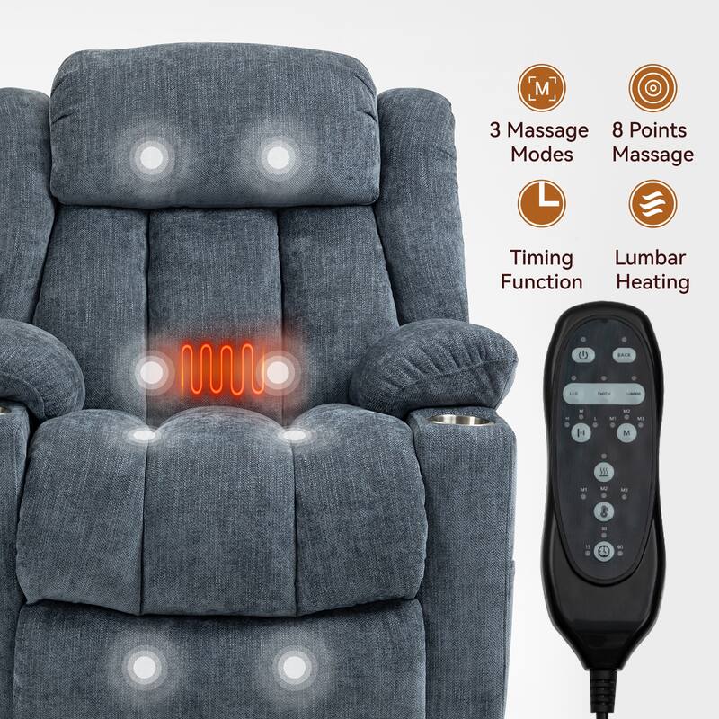 Roomfitters Heavy Duty Power Lift Recliner, Chenille Massage Chair with USB-C Charging and Stainless Cup Holders