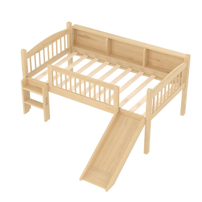 Twin Loft Bed with Storage Shelves, LED Lights & Guardrails