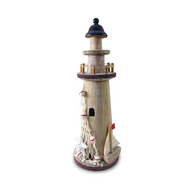 Puzzled Inc Nautical Brown Wood Large Decorative Lighthouse - 12 Inch - 4 x 4 x 12 inches