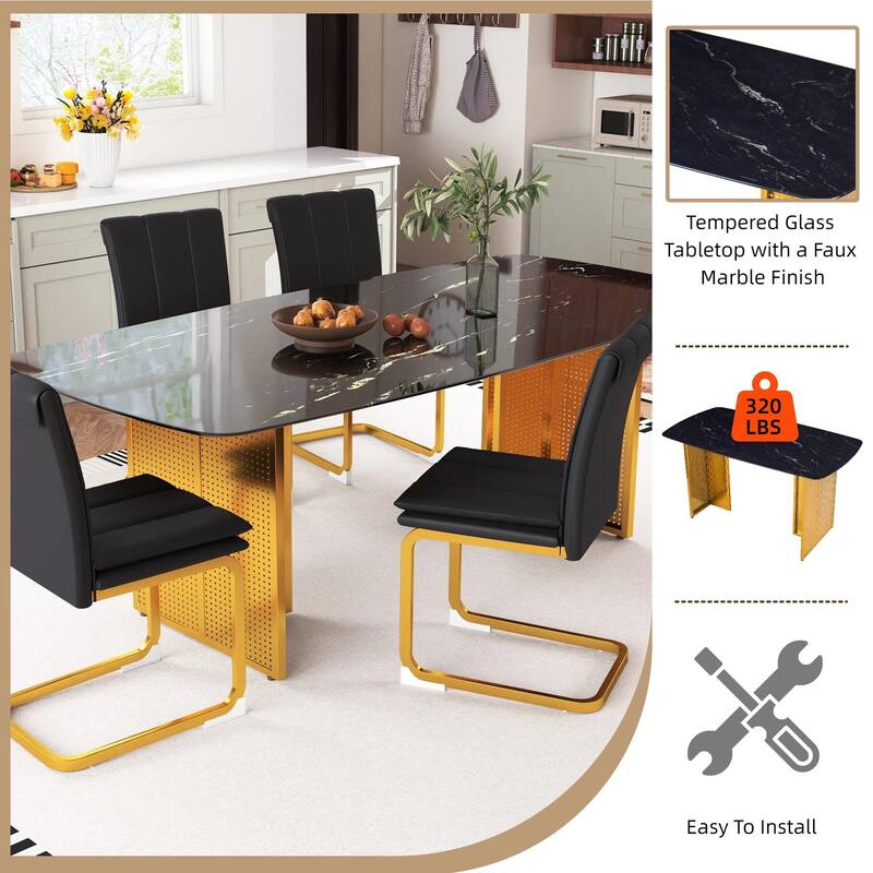 Rectangular Tempered Glass Dining Table for 6, Featuring a Marble-Patterned Design with Golden Hollow-Out Metal Legs