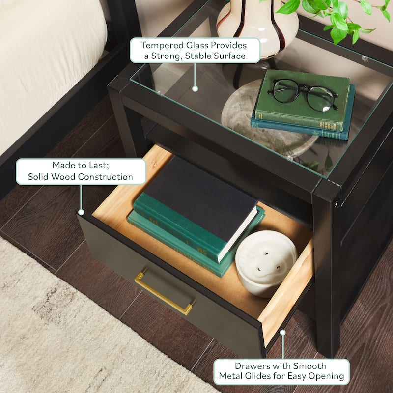 Walker Edison Solid Wood Nightstand with Tempered Glass Top