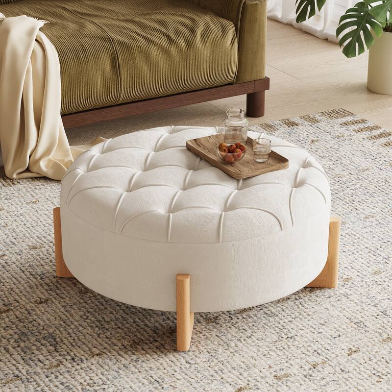 32" Round Tufted Ottoman with Solid Wood Legs, Modern Coffee Table with Tufted Buttons, Piping Lines, Chenille Fabric Footrest
