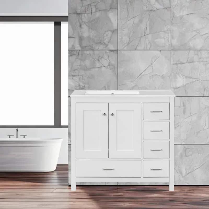 36" Bathroom Vanity with Ceramic Undermount Sink, 5 Drawers & 2 Soft-Close Doors, Modern Storage Cabinet - White