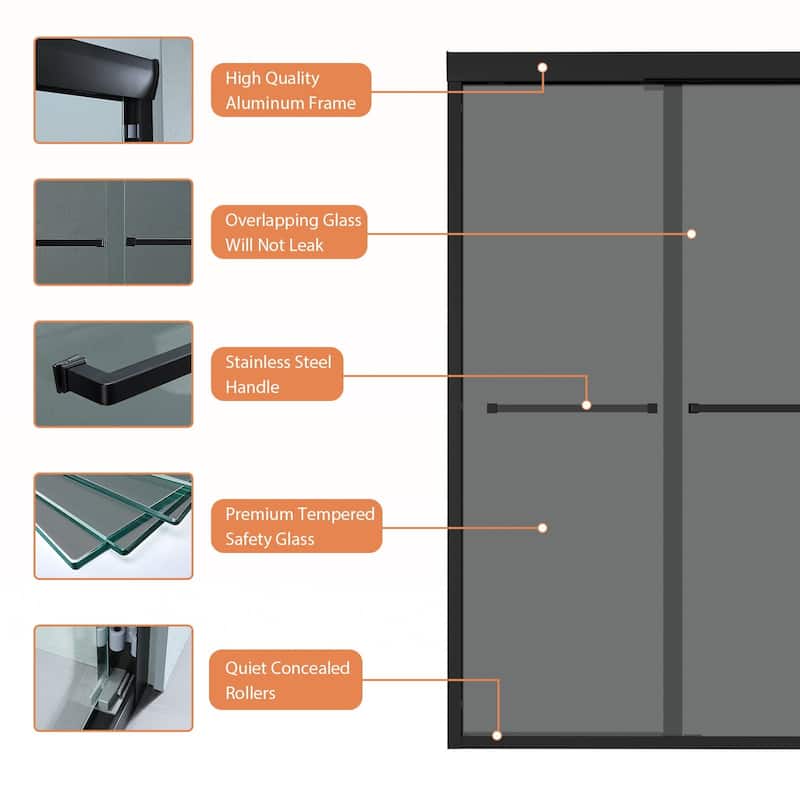 Lordear 48" x 76" Glass Shower Door Aluminum Frame Double Sliding Adjustable Shower Enclosure - 48 in.W x 76 in H.