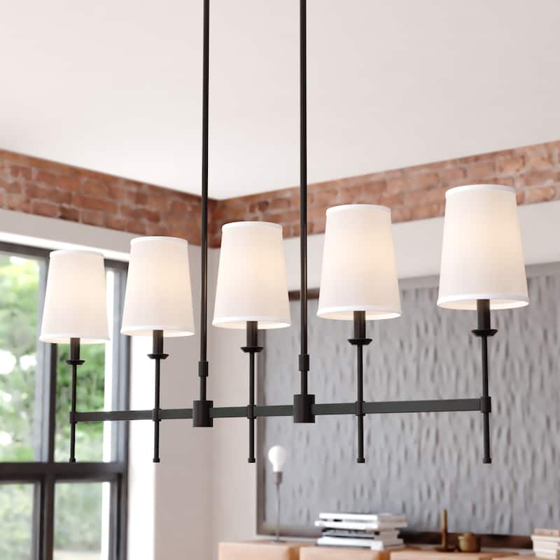 Camden 5 Light Matte Black Linear Chandelier Island Pendant Fixture White Fabric Shade, LED Compatible - Matte Black - 45.6-in W x 17.5-in H x 6-in D