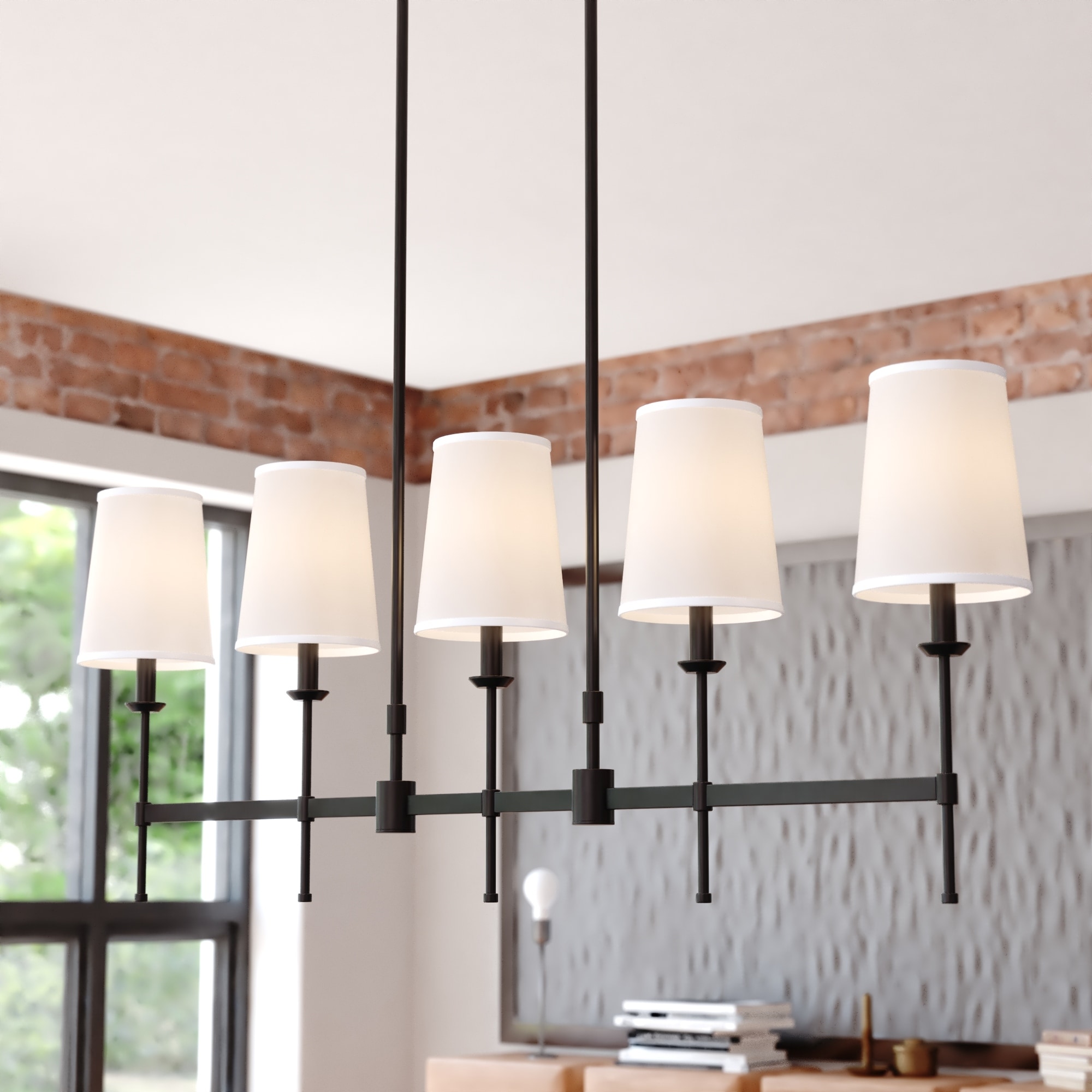 VAXCEL Camden 5 Light Matte Black Linear Chandelier Island Pendant Fixture White Fabric Shade, LED Compatible