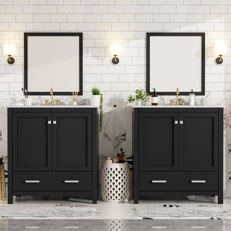 60" Bathroom Vanity Set with Double Vanities (Separate), Double Ceramic Sinks, Storage Shelf, and Divided Drawers