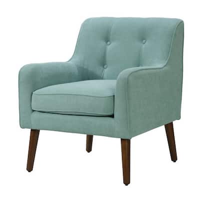 Kina 28 Inch Accent Chair, Teal Fabric, Button Tufted, Angled Wood Legs