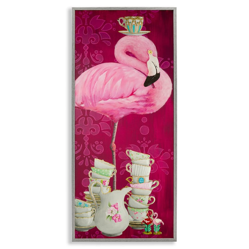 Stupell Flamingo with Antique Teacups Framed Giclee Art Design By Heather Gauthier - 10 x 24 - Grey