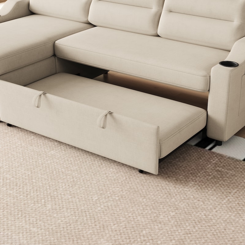 83.5" Fabric Convertible 3-Seater Sleeper Sofa with Pull-Out Bed, Recliner, Storage Pocket, and Cup Holder
