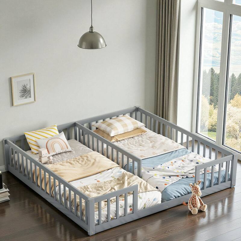 Double Twin Floor Bed with Fence and Guardrails, Solid Pine Wood Frame Montessori Bed for Kids