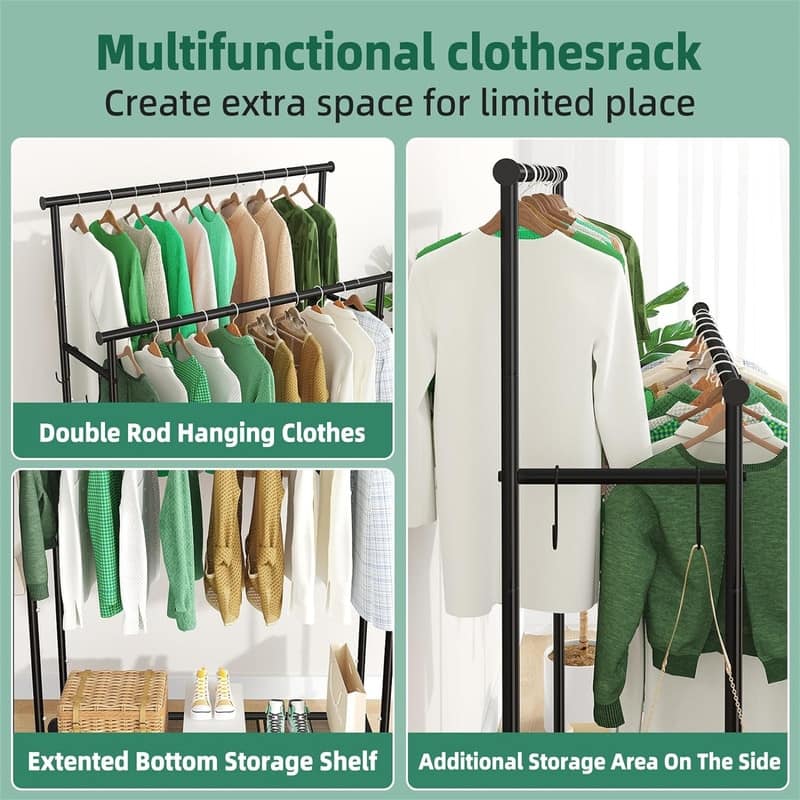 Double Rod Clothing Garment Rack on Wheels - 16.25"D x 45"W x 64.5"H