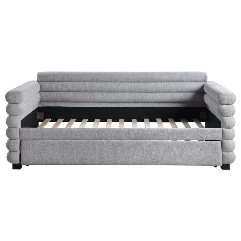 Ricia Twin Daybed with Twin Trundle, Layer Bolster Design, Gray Boucle