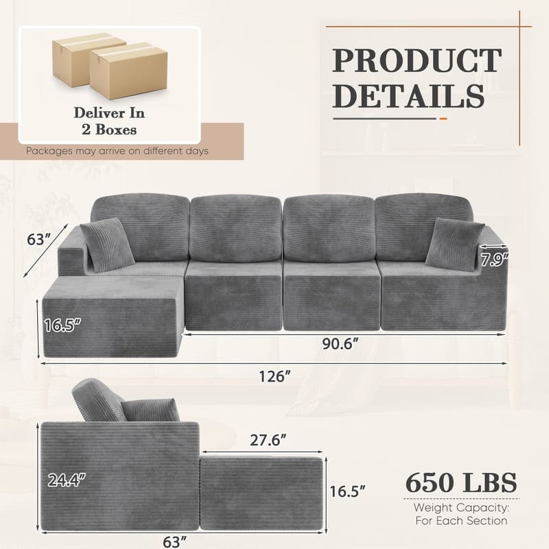 L Shaped Modular Sectional Couch, 126" Boneless Couches for Living Room, Modern Cloud Couch with Chaise Lounge