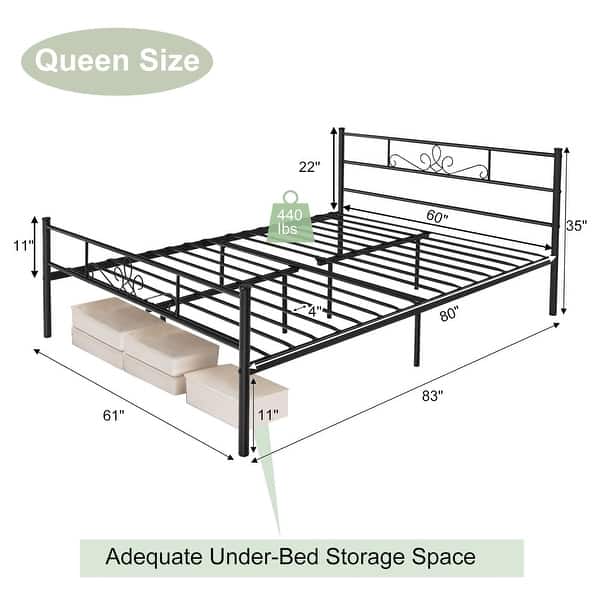 dimension image slide 2 of 3, Costway Twin/Queen/Full Metal Platform Bed Frame with Headboard and
