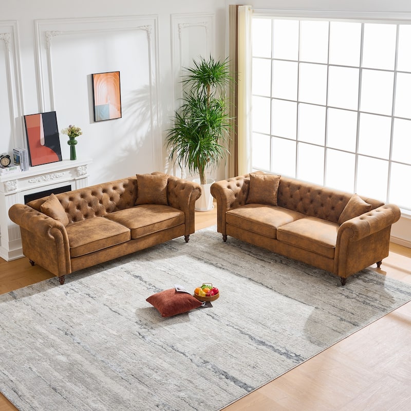 Roomfitters Two 80" Classic Chesterfield Upholstered Sofa Set, Button Back Scrolled Arm 3+3 Living Room Couch Set, Brown