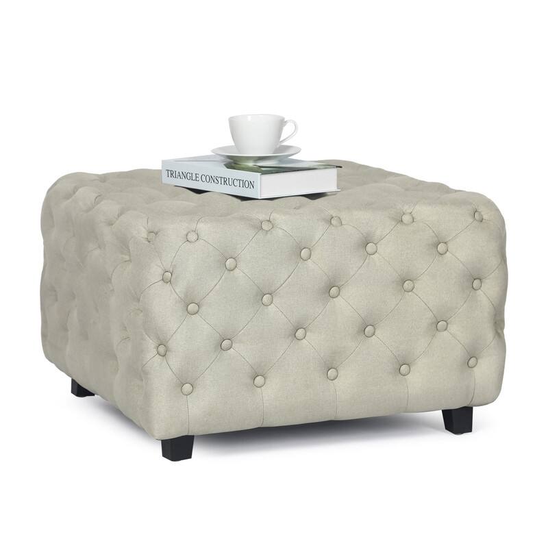 Adeco Linen Fabric Standard Ottoman Bench Square Cube Foot Rest Stool