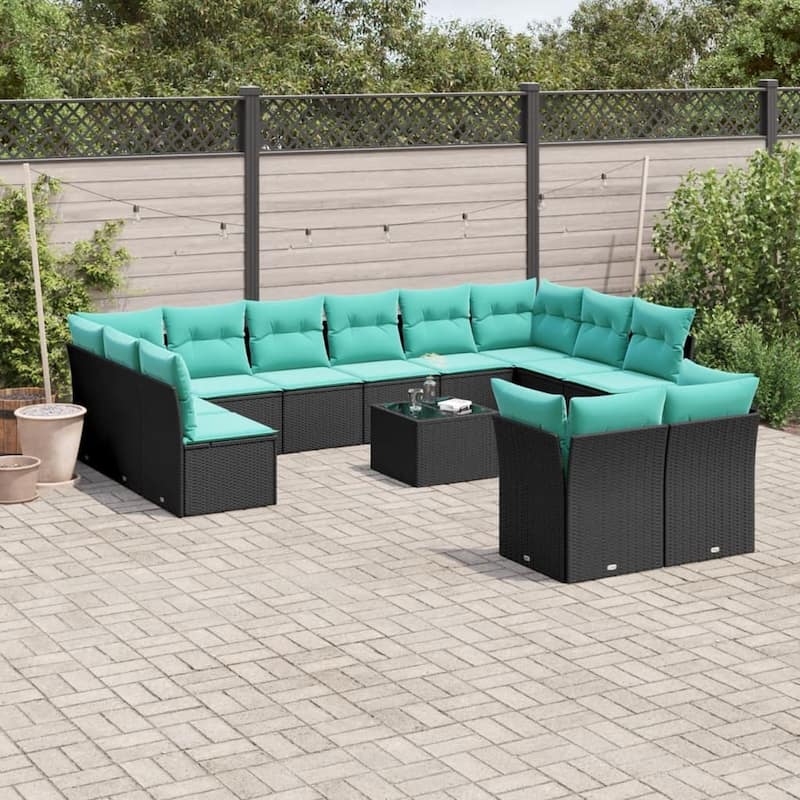 vidaXL Patio Sofa Set with Cushions Outdoor Conversation Furniture Poly Rattan - 21.7" x 24.4" x 27.2" - Black and blue with table