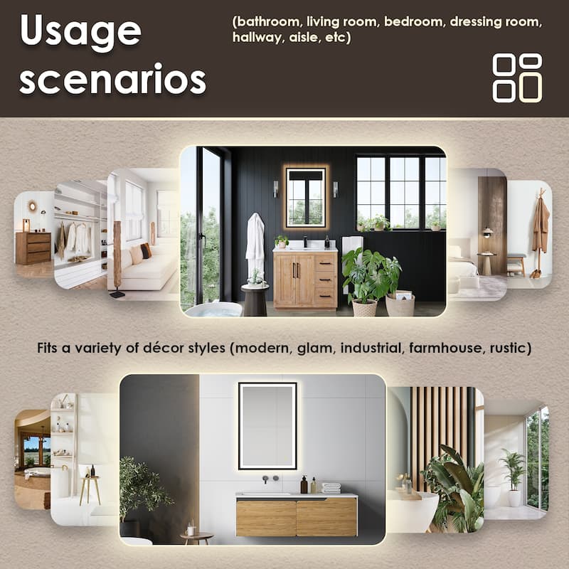 Apollo Rectangular Anti-Fog Dimmable Modern Bathroom/Vanity LED Lighted Wall Mirror in Matte Black Aluminum Framed