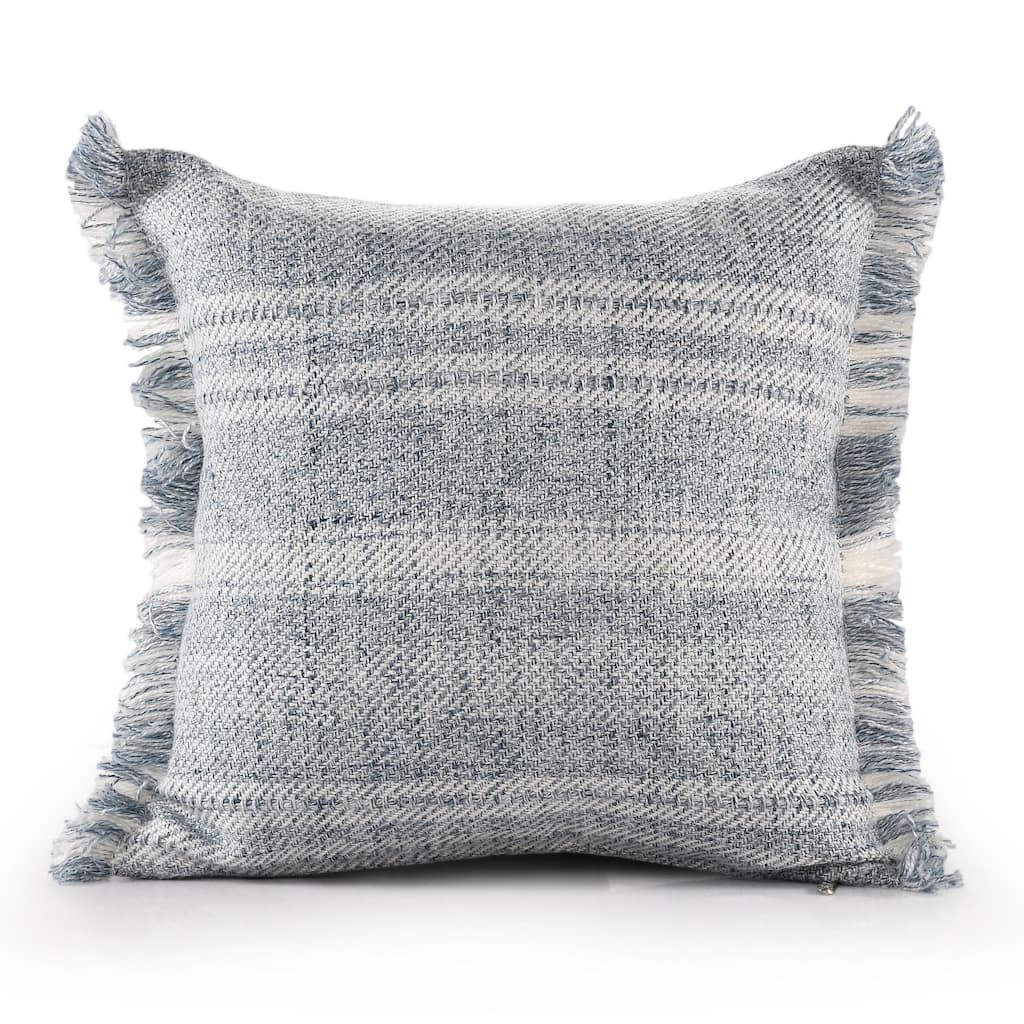 Hand Woven Denim Striped Outdoor Square Throw Pillow - 20" - Blue and Ivory