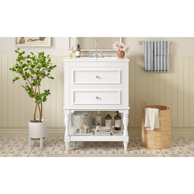 24" Bathroom Vanity with Ceramic Sink, Bathroom Storage Cabinet with Open Shelf, Retro Design Bathroom Cabinet with 2 Drawers