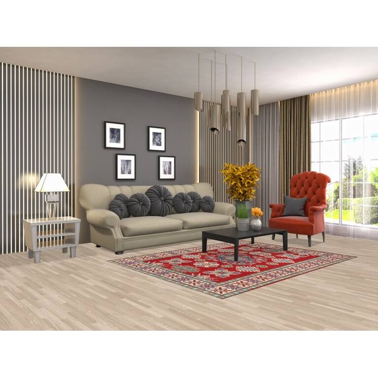 Red Kazak Oriental Area Rug Hand-Knotted Geometric Wool Carpet - 5'0" x 6'7"