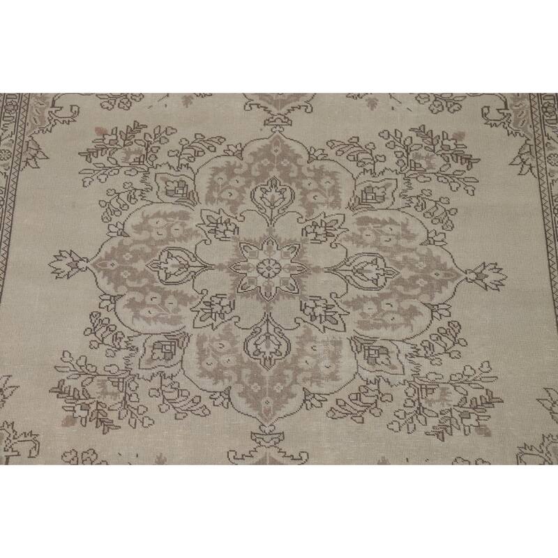 Beige Distressed Tabriz Vintage Persian Rug Hand-Knotted Wool Carpet - 6'9" x 9'6"