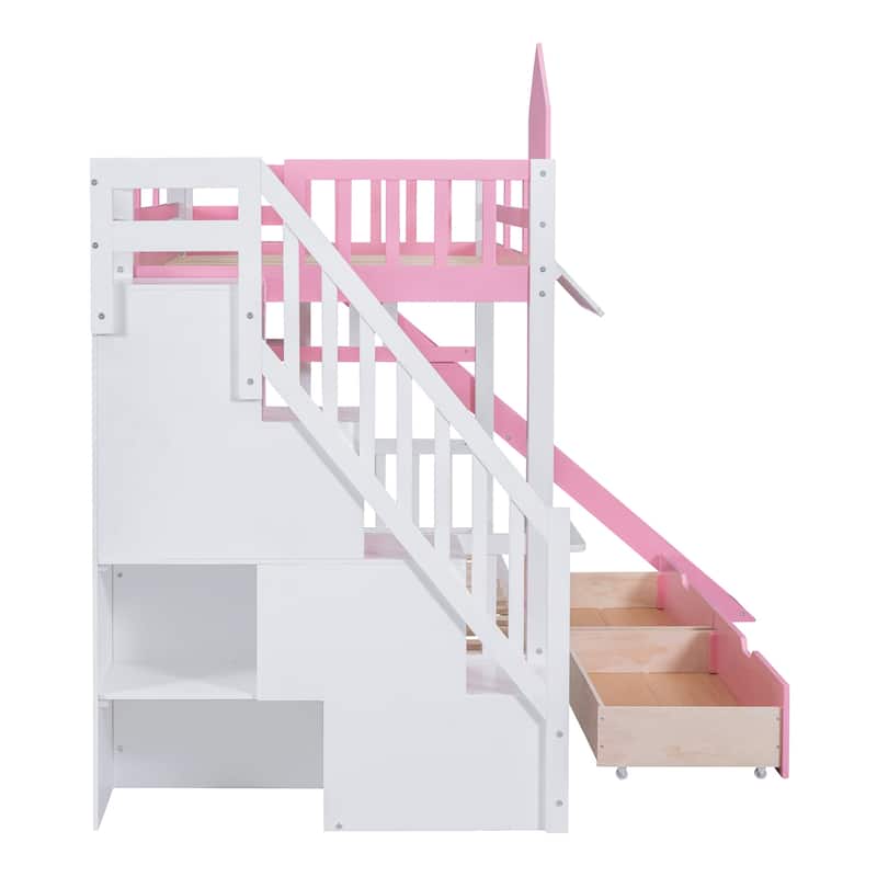 Castle Style Bunk Bed with 2 Drawers 3 Shelves and Slide