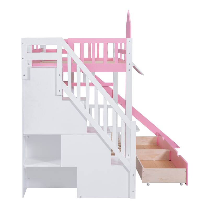 Pink Twin-Over-Twin Castle Bunk Bed with Drawers, Shelves, and Slide
