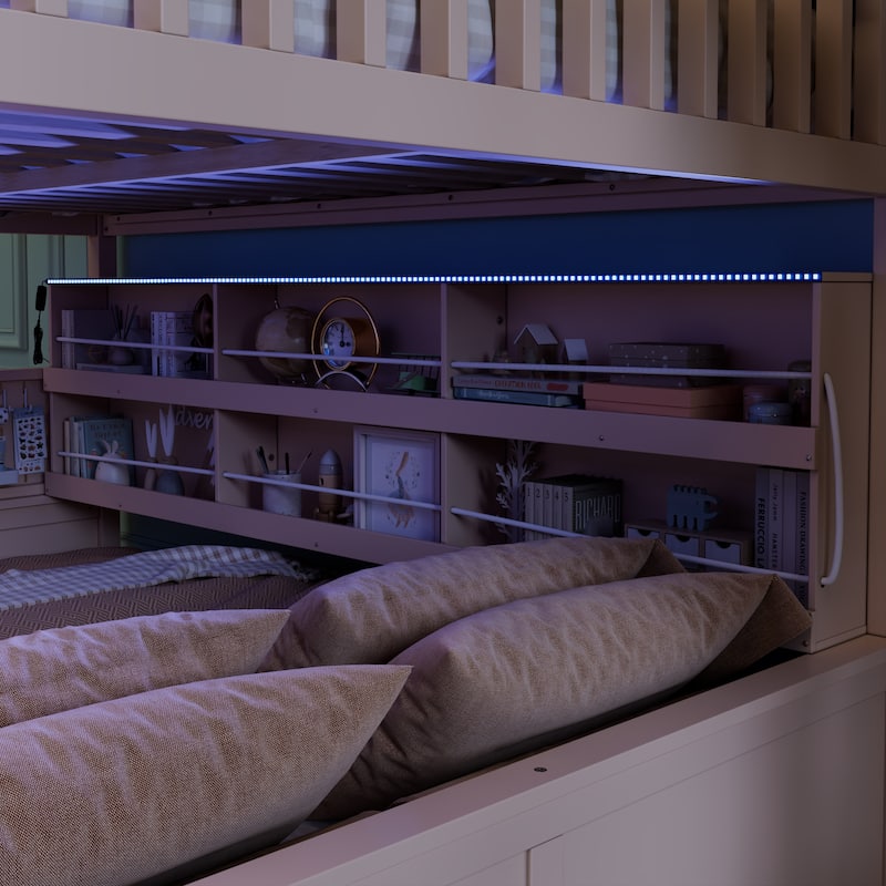 Kids Bunk Bed Frame with Integrated Shelving, Light Strip and Pegboard, Convertible into Floor Platform Bed and Low Loft Bed