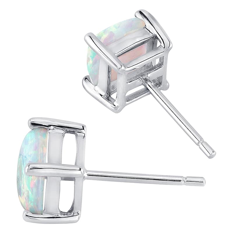14k White Gold White Opal Stud Earrings 1 ct Cushion Shape
