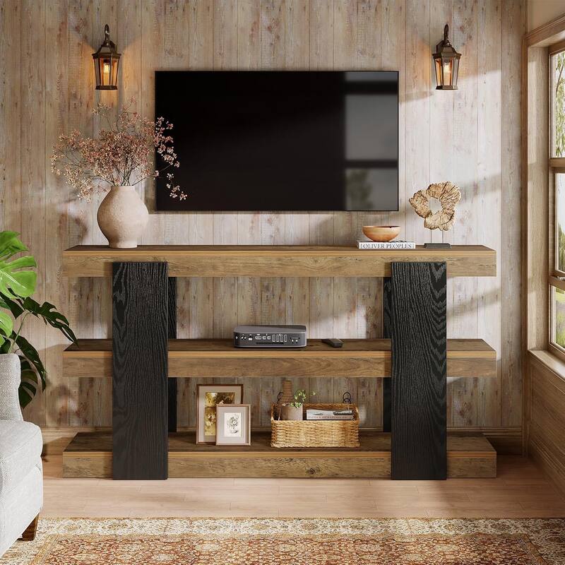 63-Inch Long Console Table, 3-Tier Farmhouse Wood Entryway Table with Storage - 63" L x 10.63" W x 33.27" H