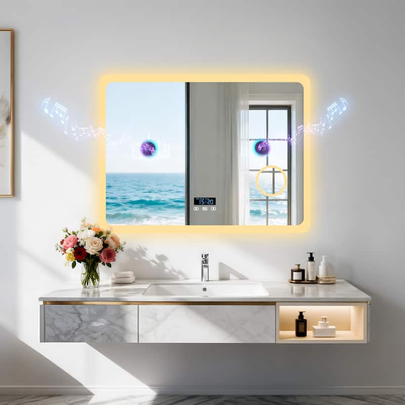 Smart LED Bathroom Mirror with Bluetooth Speaker, Anti-Fog Magnifying