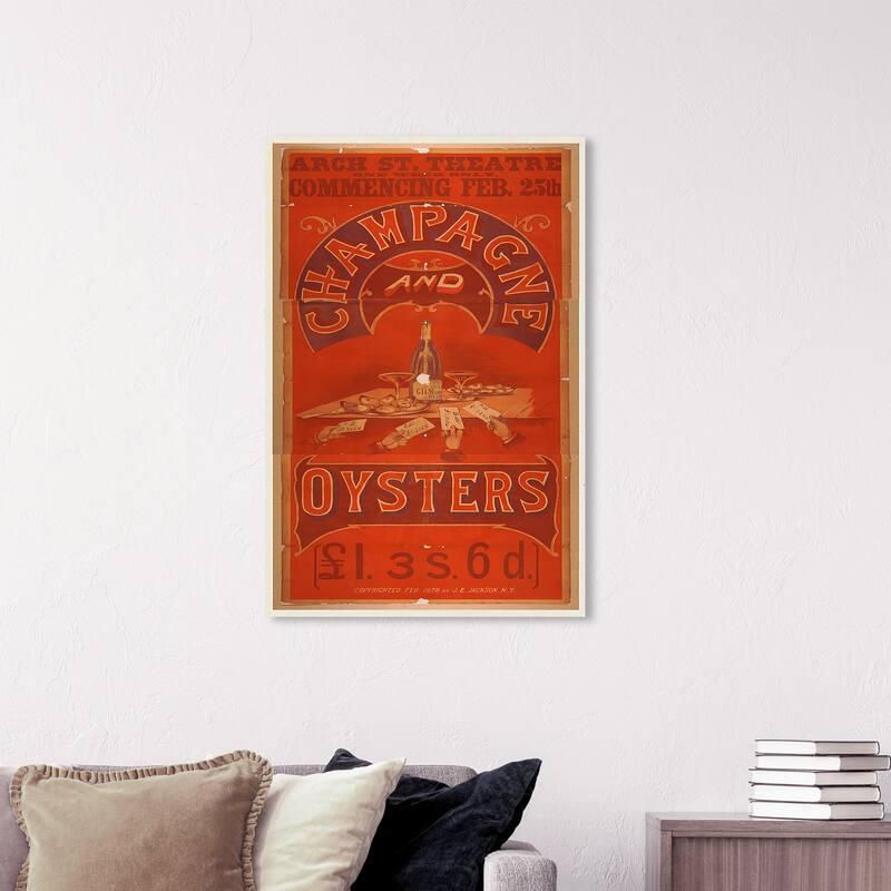 Wynwood Studio 'Champagne And Oysters Tall' Advertising Wall Art Canvas Print Posters - Orange, Red - 24 x 36