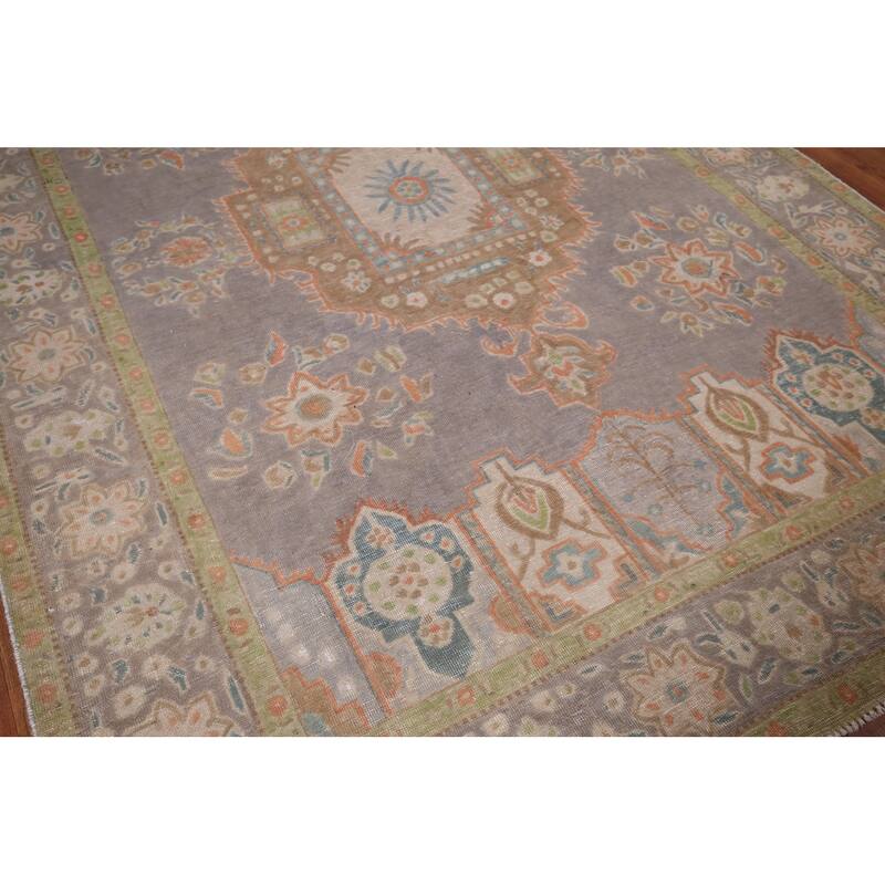 Gray Distressed Tabriz Vintage Persian Rug Hand-Knotted Wool Carpet - 6'7" x 9'8"