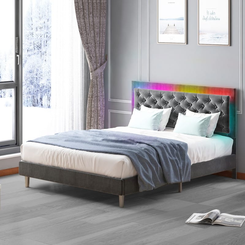 Mixoy Velveteen RGB LED Bed Frame with Button Tufted Adjustable Headboard