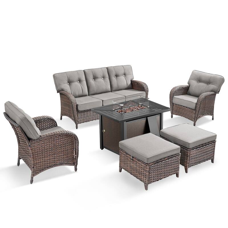 Pocassy Outdoor 43 In Fire Table with Sofa Patio Swivel Chair Set