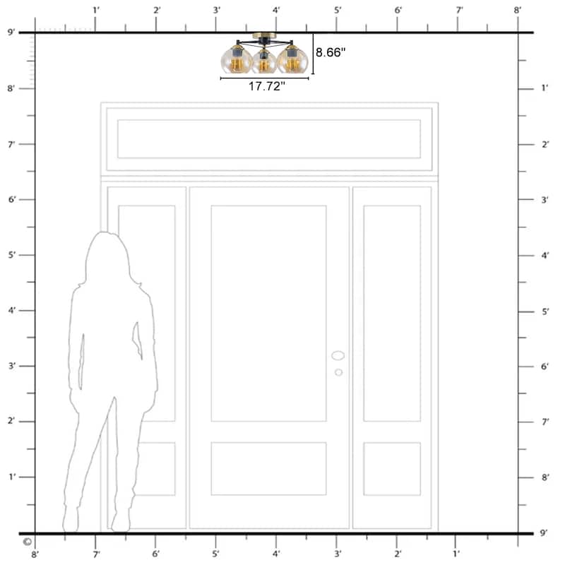 3 Lights Gold Flush Mount Ceiling Light with Amber Glass Globes - Dia.17.72-in