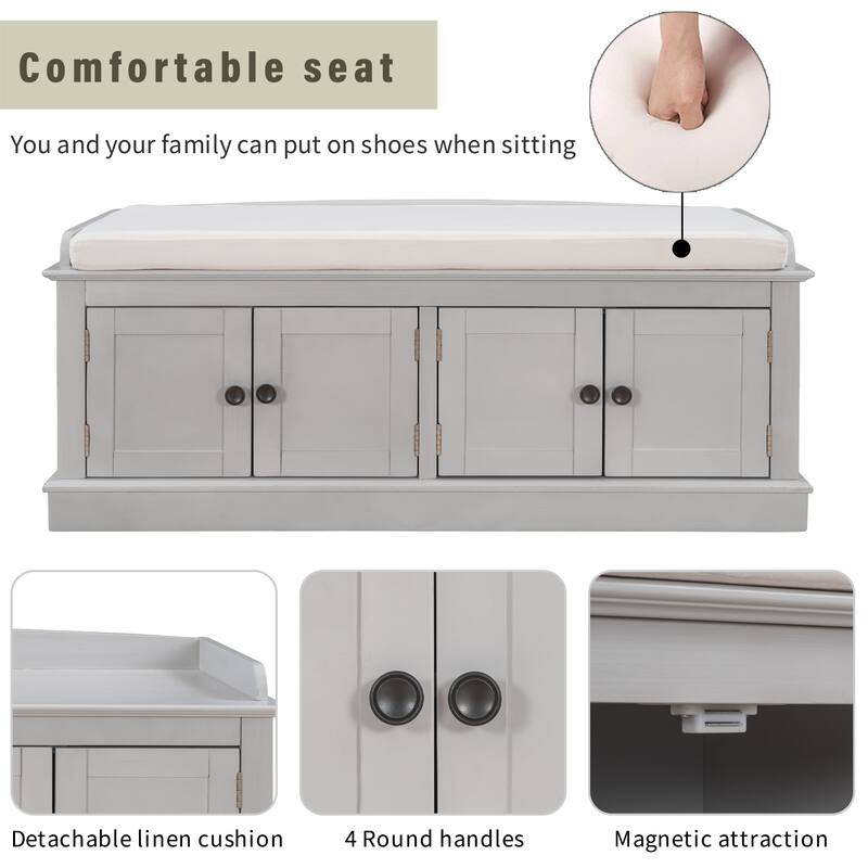 Storage Shoes Bench with 4 Doors and Adjustable Shelves, Removable Cushion