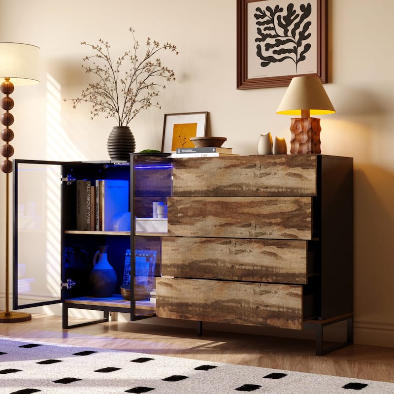 Bookshelves Sideboard Cabinet with Glass Doors and Rustic Wood Drawers 63" Credenza Storage Cabinet