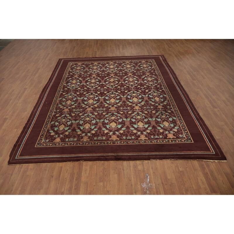 Hand Knotted Oriental 100% Wool Carpet Traditional Floral Brown Art Deco Area Rug - 11' 7'' X 9' 3''
