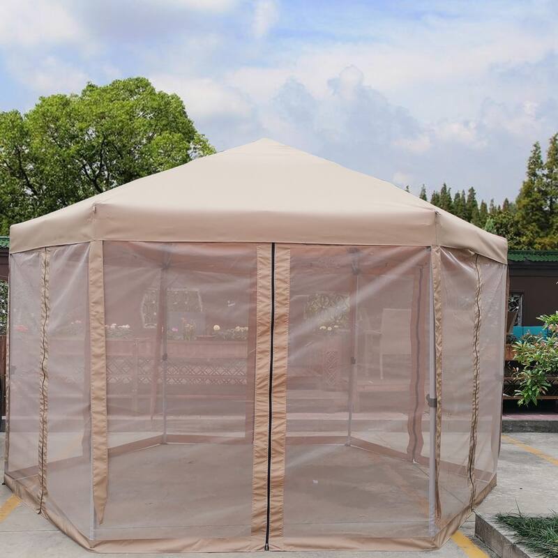 13Ftx 13Ft Pop-Up Gazebo Tent Outdoor Canopy Hexagonal Canopies 6 Sided for Patio Garden Backyard Sun Shelter BBQ Garden Events - Brown